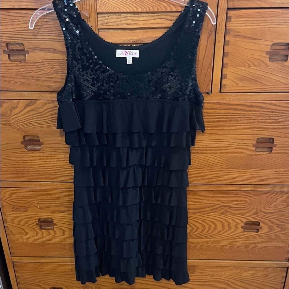 As U Wish Black Sequin Ruffle Dress